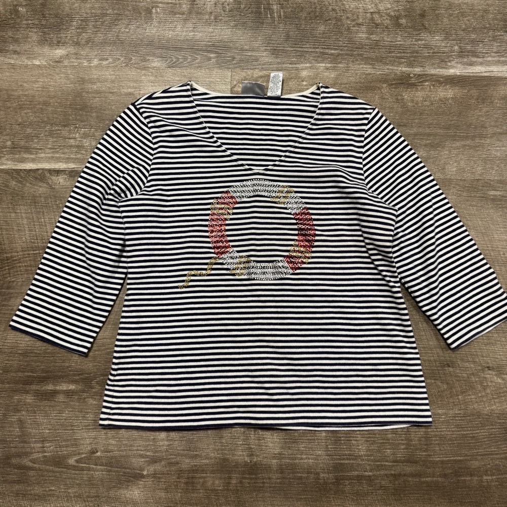 Chicos Quarter Sleeve V-Neck Striped Top Size 3 (16)